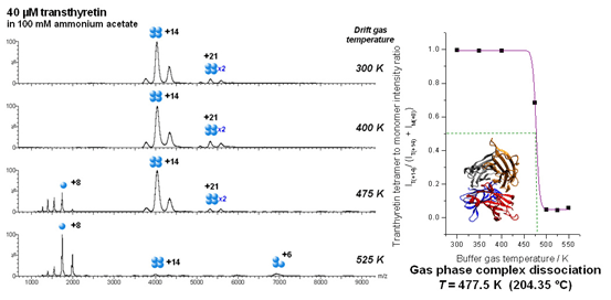 Variable temperature mass spectrometry allows us to monitor temperature induced gas phase protein complex dissociation. (Left) Mass spectra of tetrameric transthyretin (TTR) at 300 K, 400 K, 475 K and 525 K. Data collected can be used to construct gas phase complex dissociation curves (right).